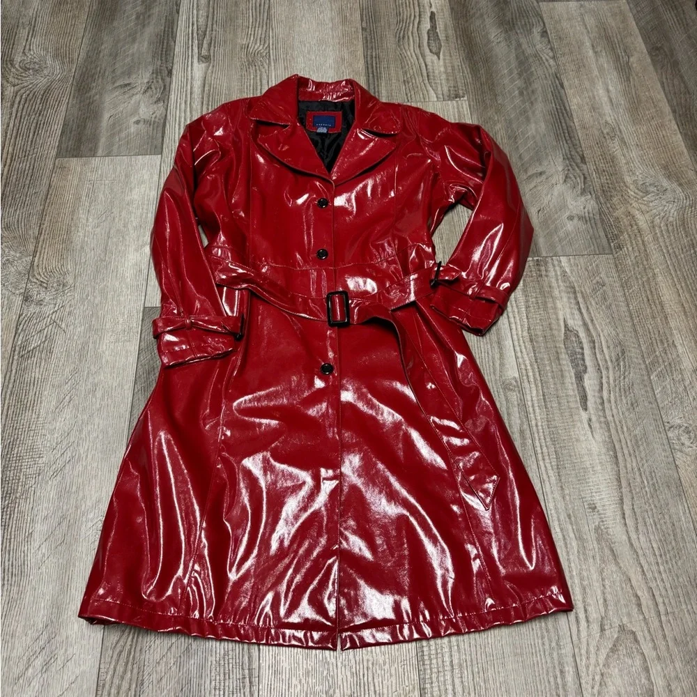 Vintage Venezia 90s red vinyl trench coat sexy jacket belted slit back 14/16 - Picture 3 of 9